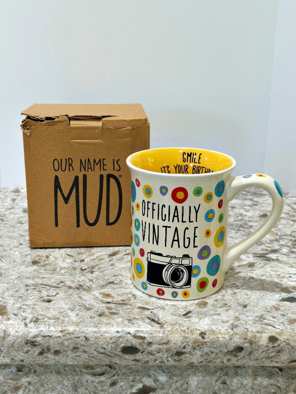 Our Name Is Mud Officially Vintage Birthday Coffee Mug Smile Polka Dots 12 Ounce